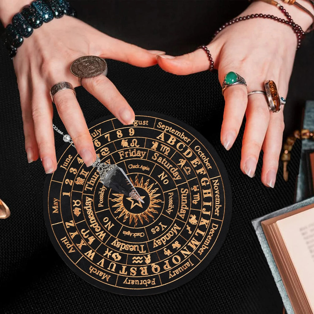 Celestial Divination Set – Crystal Pendulum with Carved Wooden Oracle Board