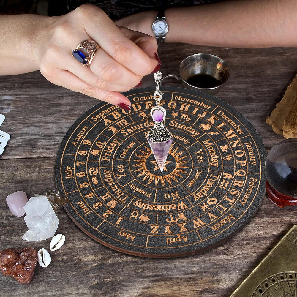 Celestial Divination Set – Crystal Pendulum with Carved Wooden Oracle Board