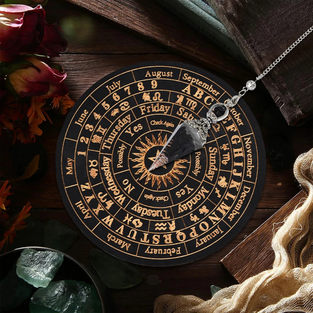 Celestial Divination Set – Crystal Pendulum with Carved Wooden Oracle Board