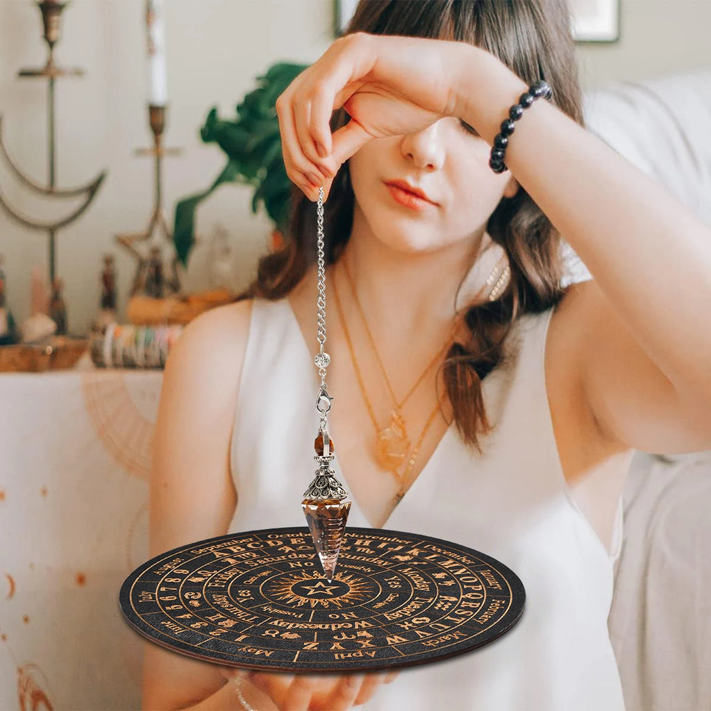 Celestial Divination Set – Crystal Pendulum with Carved Wooden Oracle Board