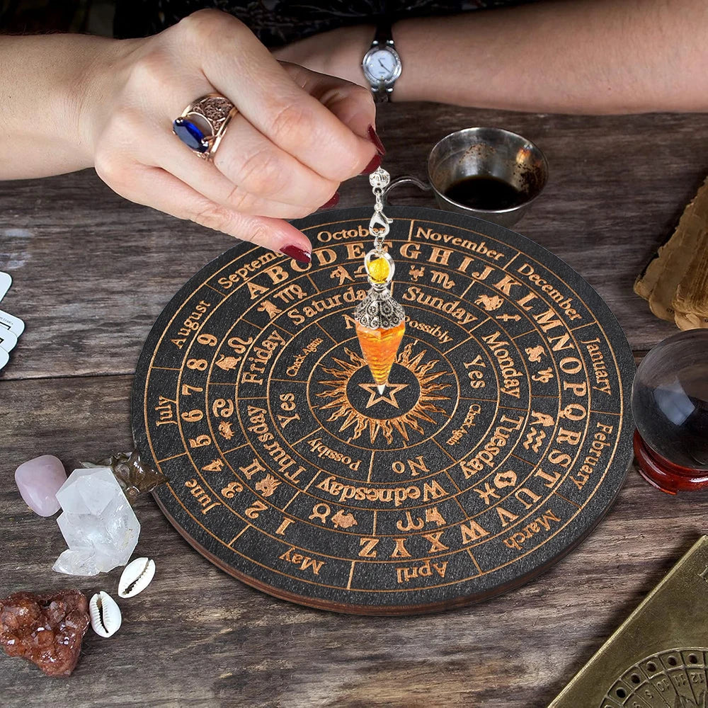 Celestial Divination Set – Crystal Pendulum with Carved Wooden Oracle Board