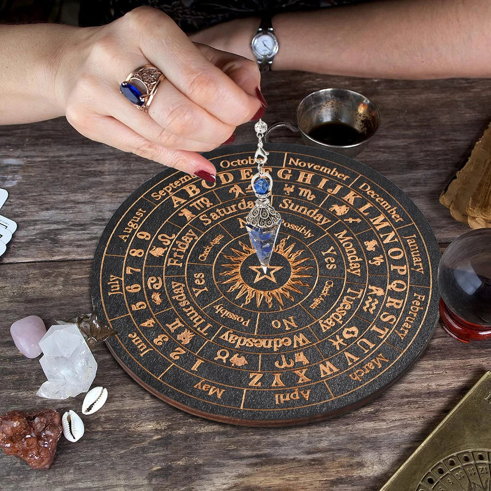 Celestial Divination Set – Crystal Pendulum with Carved Wooden Oracle Board