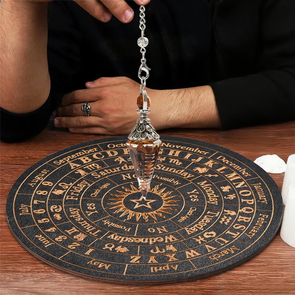 Celestial Divination Set – Crystal Pendulum with Carved Wooden Oracle Board