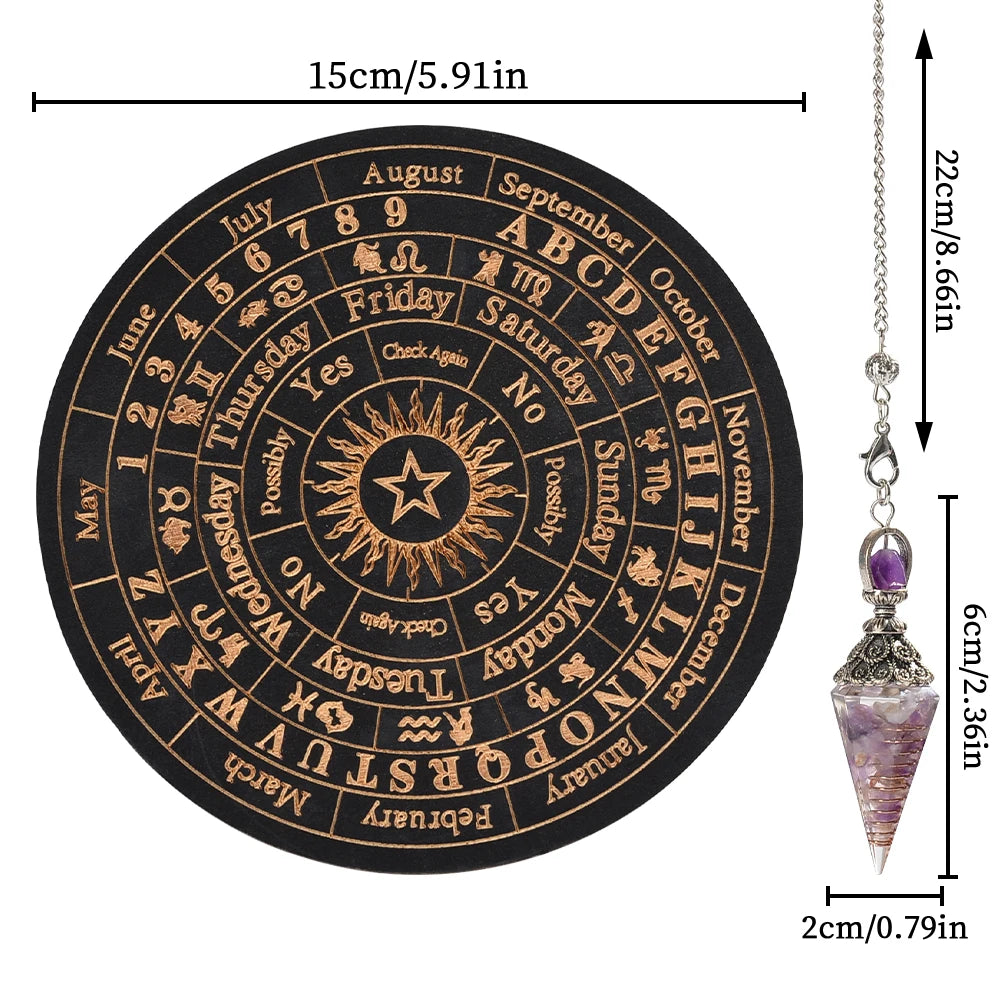 Celestial Divination Set – Crystal Pendulum with Carved Wooden Oracle Board